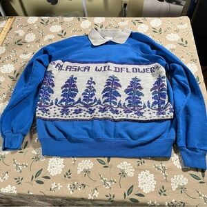 Vintage Alaska Sweater Women’s Large Blue Pullover Floral Flower Nature 90s 80s